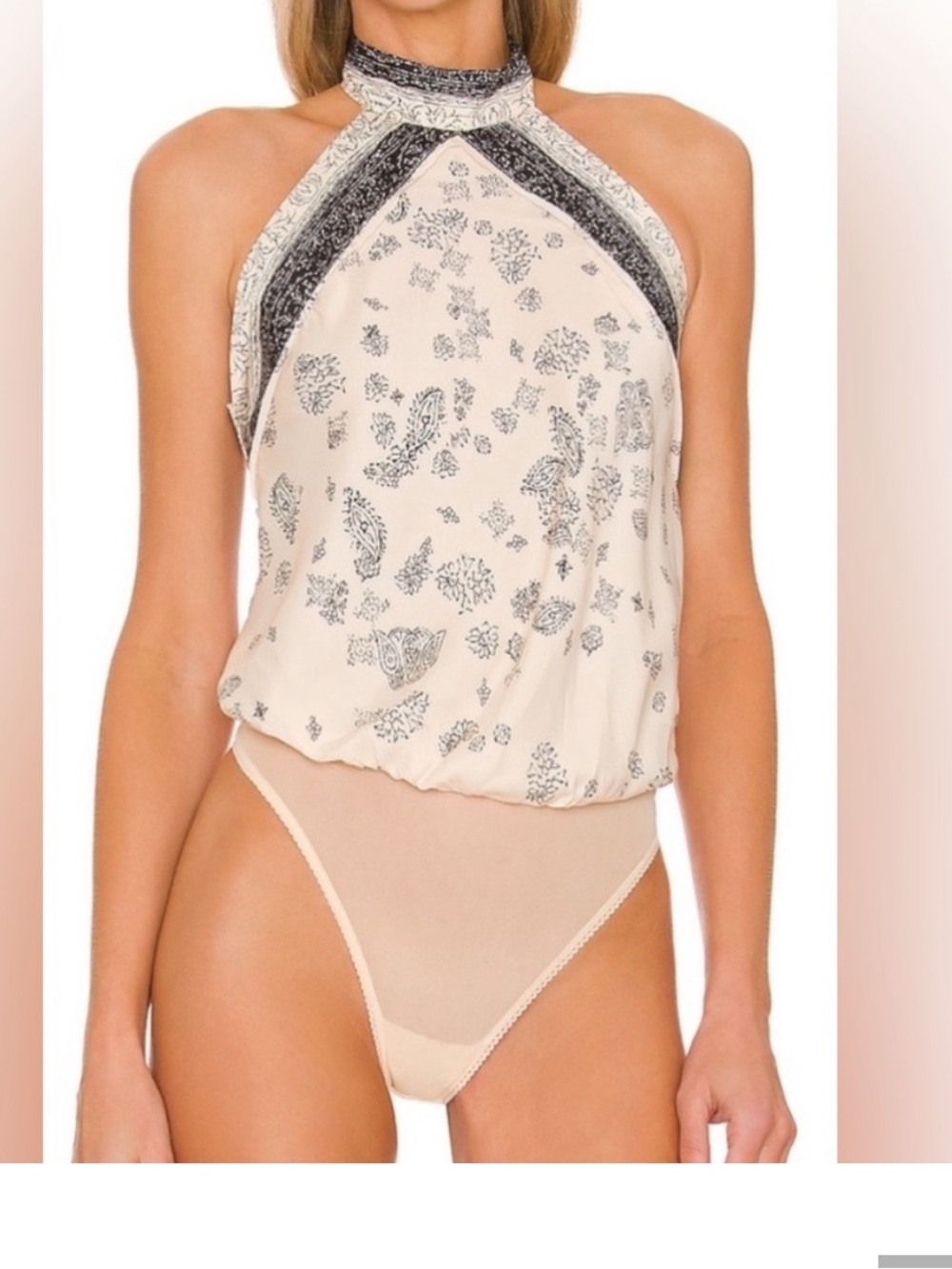 Free People Cream Paisley Halter Blouson Bodysuit with Black Trim